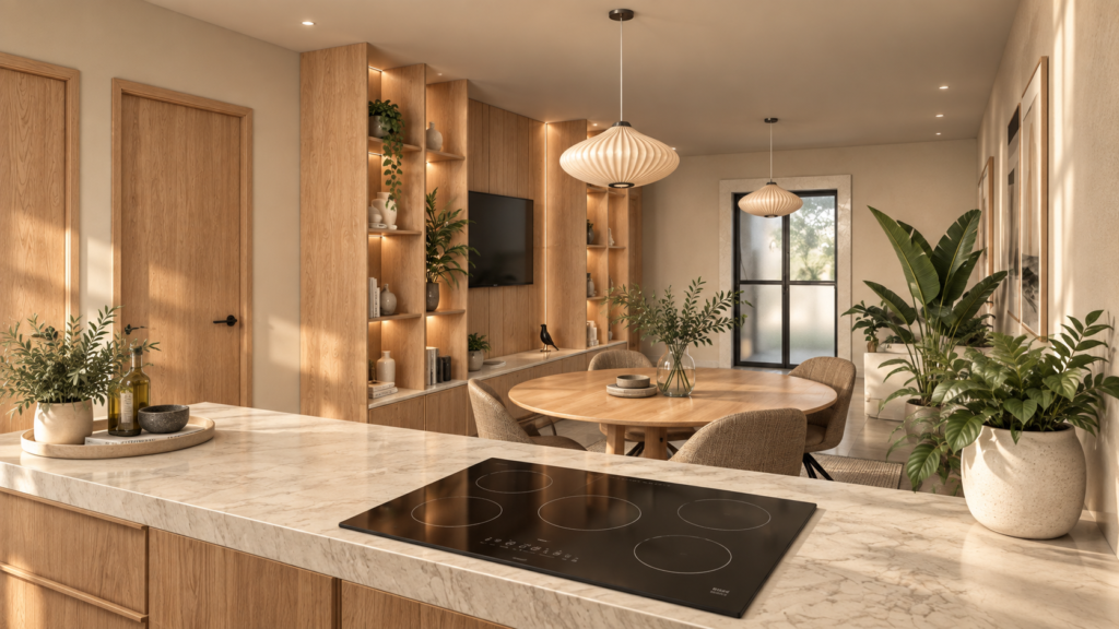 Visualización de cocina y comedor residencial