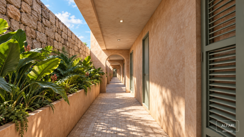 Visualización de pasillo exterior con vegetación