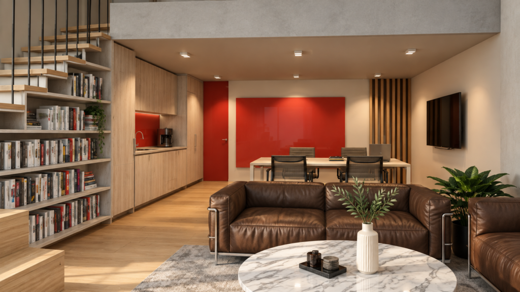 Visualización de interior con mobiliario integrado