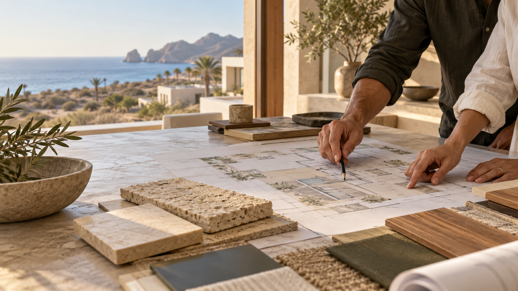 Proceso de diseño arquitectónico con planos y muestras de materiales en Los Cabos